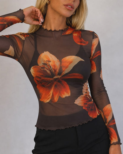 Women's Floral Print Sheer Mesh Top Frill Trim Mock Neck Long Sleeve Tee