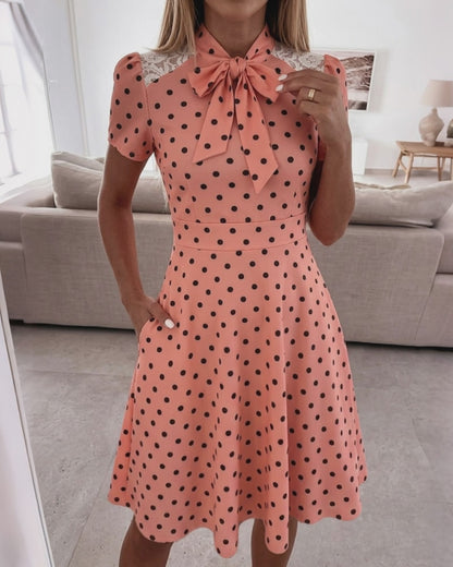 Women's Polka Dot A Line Dress Vintage Tie Neck Puff Sleeve Lace Patchwork Commuting Dress with Pockets