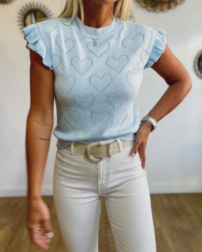 Allover Hollow-out Heart Pattern Round Neck Ruffles Short Sleeve Knit Top