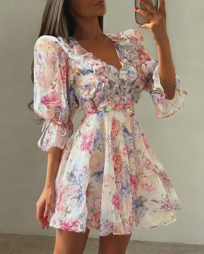 Women's 3D Floral Decor Chiffon Mini Dress Floral Print V Neck Puff Sleeve A-Line Vacation Dress