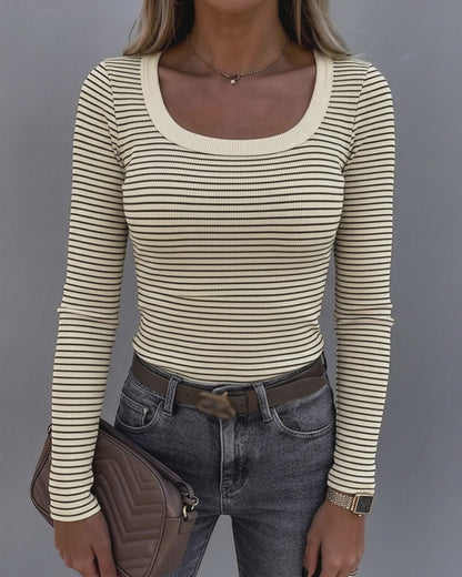 Women's Striped U-Neck Long Sleeve Slim Fit Ribbed Knit Top Casual Layering Top