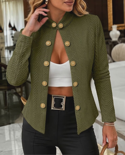 Women's Stand Collar Embossed Textured Jacket Double Breasted Gold Button Decor Coat