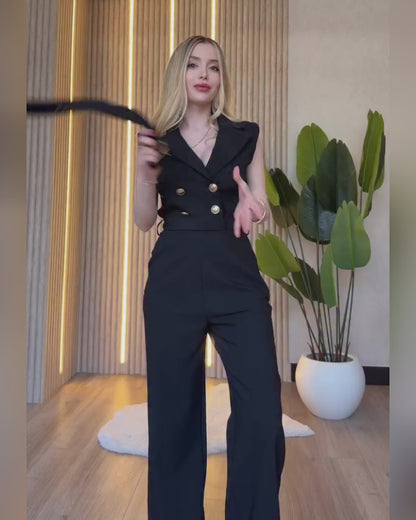 Women's Sleeveless High Waist Blazer Jumpsuit Elegant Double Breasted Wide Leg Overalls with Belt