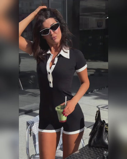 Women's Contrast Binding Polo Romper Slim Fit Half ButtonJumpsuit Short Sleeve Rib-Knit Romper
