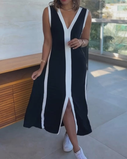 Striped Sleeveless Plunge Neckline Midi Dress with Slit Detail Casual Loose Fit A Line Dress