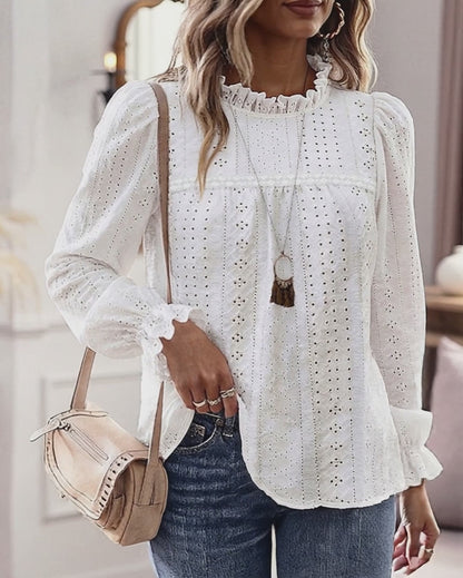 Women's French Style Eyelet Embroidery Blouse Elegant Frill Hem Stand Collar Puff Sleeve Top Lace Patchwork Shirt