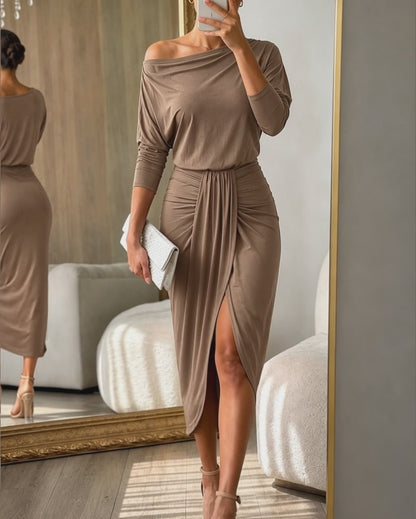 Women's Boat Neck Ruched Wrap Midi Dress Long Sleeve Slit Cocktail Dress