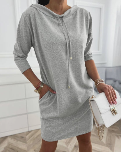 Stand Collar Drawstring Three Quarters Sleeve Casual Sweatshirt Dress