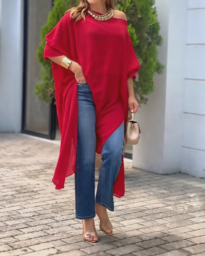 Women's Skew Neck Batwing Sleeve Tee Asymmetric Loose Cape Blouse Slit Elegant Top