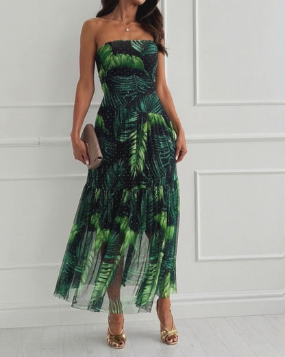Women's Tropical Leaf Print Tube Maxi Dress Sexy Sheer Mesh Rhinestone Ruched Long Dress with Detachable Clear Straps