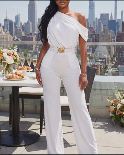 Women's Foldover One Shoulder High Waist Jumpsuit Elegant Ruched Straight Leg Overalls with Belt