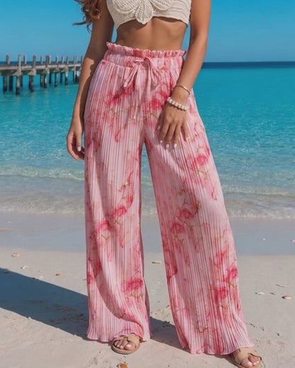 Women's Tie Dye Print Pleated Wide Leg Pants High Waisted Flowy Palazzo Pants Drawstring Lounge Pants with Pockets