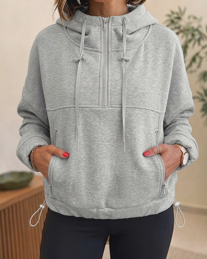 Women's Half-Zip Cropped Pullover Hoodie Drop Shoulder Drawstring Sweatshirt