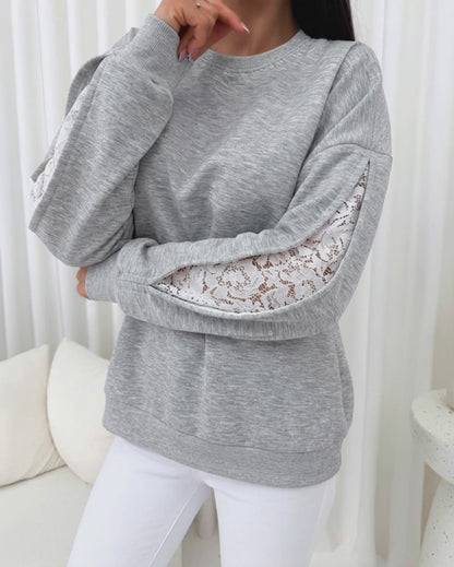 Women's Lace Patchwork Sweatshirt Crewneck Long Sleeve Pullover Slit Sleeve Casual Loose Fit Top