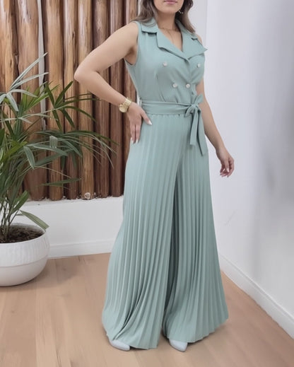 Sleek Sleeveless Notched Collar Waist Tied Detail Jumpsuit Casual Wide Leg Pleated Romper
