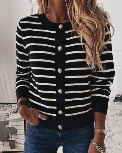 Women's Striped Knit Cardigan Casual Crewneck Button Down Sweater Vintage French Style Long Sleeve Top