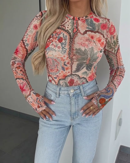 Women's Vintage Floral Rhinestone Mesh Top Slim Fit Long Sleeve Tee with Thumb Holes