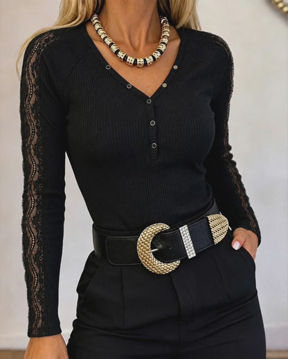 Women's Lace Spliced Long Sleeve V Neck Ribbed Knit Top