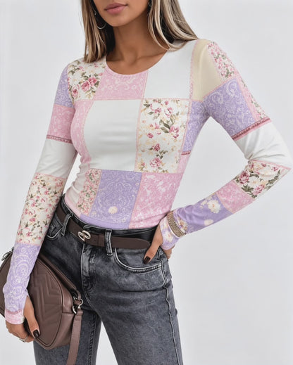 Women's Vintage Patchwork Floral Print Crew Neck Long Sleeve Slim Fit Top with Thumbholes