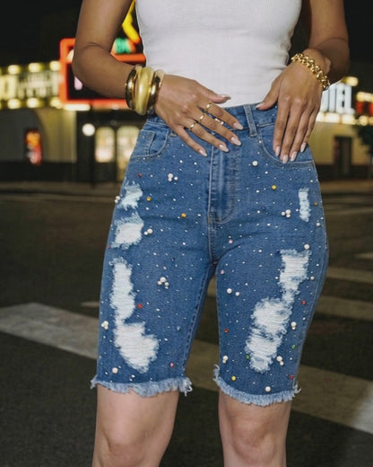 Women's Y2K Rhinestone Pearl Denim Bermuda Shorts Ripped Raw Hem Distressed Colorful Embellished Jean Shorts