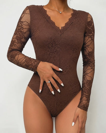 Women's Sexy Lace Bodysuit V Neck Long Sleeve Top Casual Slim Fit Clubwear