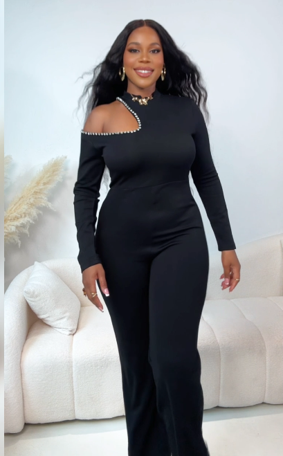 Rhinestone Cold Shoulder High Neck Jumpsuit Long Sleeve Slim Fit Flared Jumpsuit