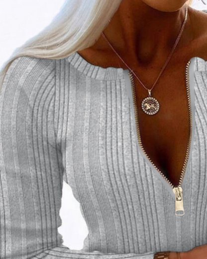 Crewneck Long Sleeve Ribbed Top Half Zipper Design Casual Pullover Tops