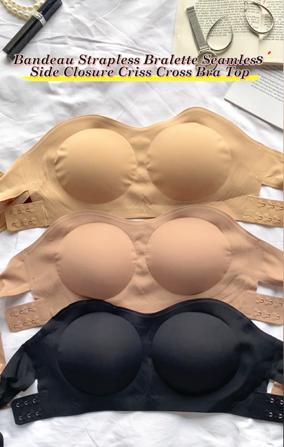 Bandeau Strapless Bralette Seamless Side Closure Criss Cross Bra Top