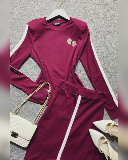 2 Pieces Outfit O-Neck Long Sleeve Slit Cuffs Pullover Top and Elastic Waist Slit Front Skirt Set Casual Contrast Striped Set