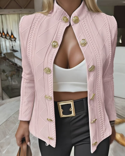 Metal Double Breasted Decor Stand Collar Argyle & Cable Textured Coat