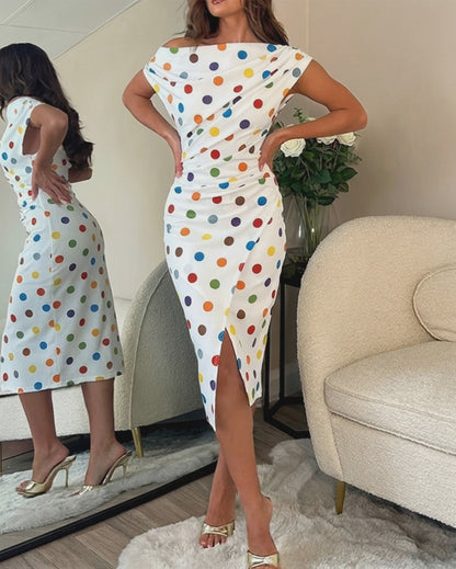 Women's Skew Neck Midi Dress Colorful Polka Dot Ruched Bodycon Dress Elegant Slit French Style Wrap Vacation Dress