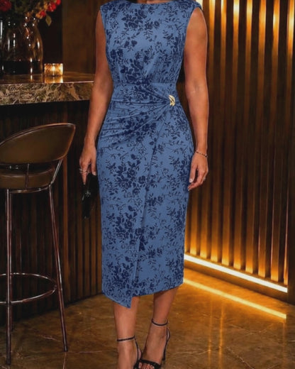 Women's Sleeveless Floral Flock Mesh Twist Side Midi Dress with Shoulder Pads