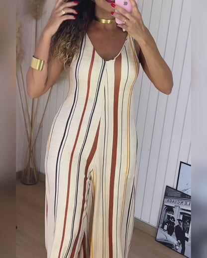 Striped V Neck Sleeveless Zipper Back Overalls Casual Shoulder Tied Wide Leg Jumpsuit With Pockets