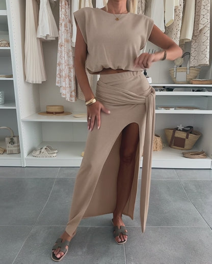 Women's Knit Two Piece Set Shoulder Pad Cap Sleeve Crop Top and Tied Detail High Slit Skirt Ribbed Matching Suit