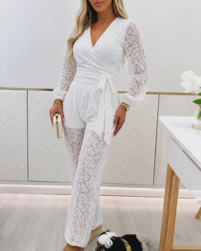 Women's Lace Two Piece Set Lantern Sleeve Wrap Lace-Up Crop Top and High Waist Jogger Pants Set with Lining