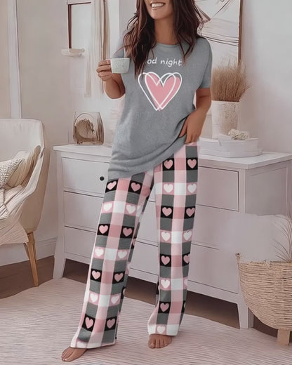 2 Pieces Outfit Floral Print Short Sleeve Top and Casual Plaid Heart Pattren Lounge Pants Set