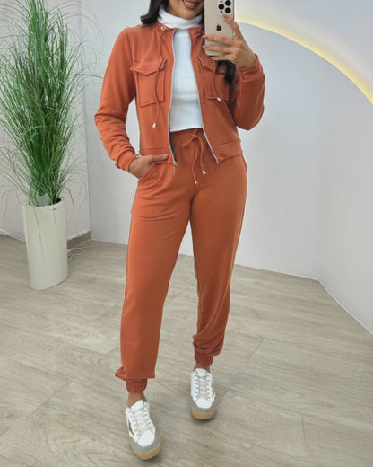 Stand Collar Long Sleeve Pocket Dec Zipper Top and Casual Elastic Waist Drawstring Pants Sets