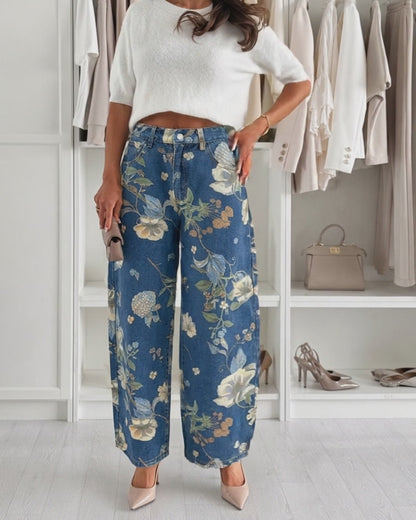 Women's Vintage Floral Printed Baggy Denim Pants Casual High Waisted Cropped Barrel Jeans