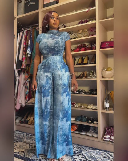 2 Pieces Outfit Mock Neck Short Sleeve Slim Fit Top and High Waist Wide Leg Pants Set Casual Tie Dye Print Sheer Mesh Set