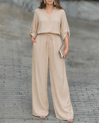 Women's 2 Piece Crinkled Outfits Notch Neck Roll Up Sleeve Top and High Waisted Wide Leg Pants Set