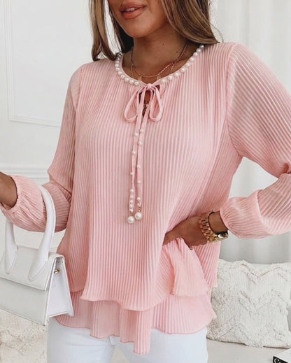 Women's Pleated Chiffon Blouse Elegant Pearl Tie Neck Shirt Long Sleeve Tiered Ruffle Hem Top
