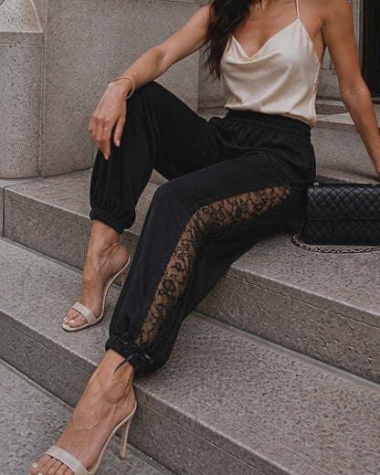 Women's High Waisted Casual Pants Elegant Lace Patchwork Bowknot Joggers with Pockets