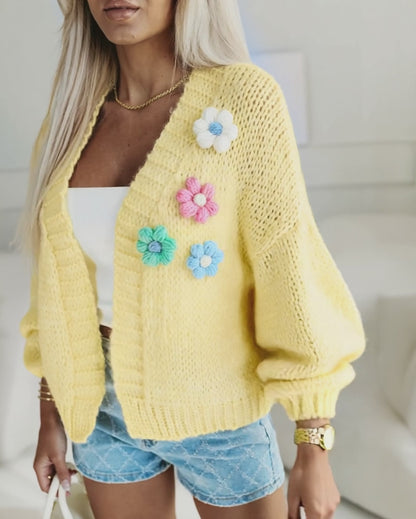 Women's 3D Floral Knit Cardigan Long Sleeve Crochet Sweater Casual Crop Coat