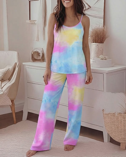 2 Pieces Outfit U-Neck Adjustable Spaghetti Straps Cami Top and Elastic Waist Wide Leg Pants Set Casual Tie Dye Print Pajamas Set