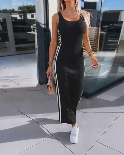 Women's Side Stripe Ribbed Maxi Dress U-Neck Sleeveless Bodycon Dress Backless Slit Tank Dress