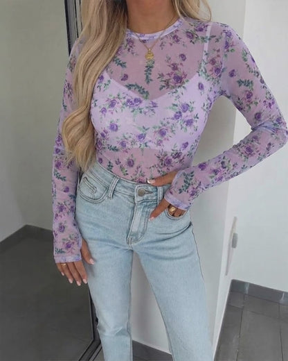 Women's Floral Print Sheer Mesh Top Long Sleeve Slim Fit Crewneck Layering Top with Thumb Hole Cuffs