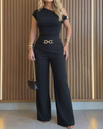 CHICME Women's 2 Piece Set Skew Neck Slim Fit Top and Elastic Waist Flare Pants with Metal Detail