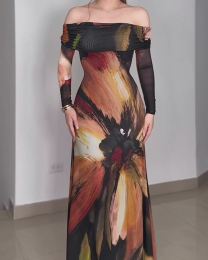 Women's Oil Painting Print Foldover Off-Shoulder Mesh Overlay Maxi Dress Long SleeveRuched Mermaid Long Dress