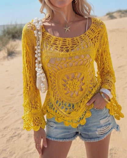 Women's Crochet Hollow Out Knit Top Batwing Sleeve Loose Cover Up Asymmetric Hem Sheer Bohemian Knitwear