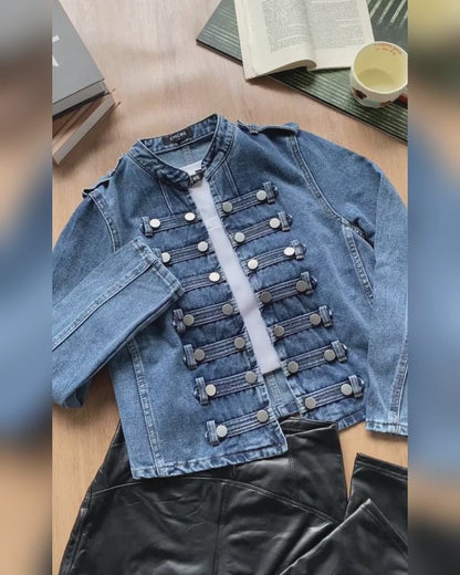 Button Decor Stand Collar Long Sleeve Jacket Casual Denim Coat